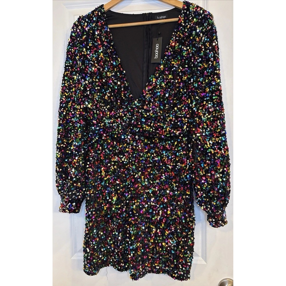 Boohoo Sequined balloon sleeve plunge mini dress , US8